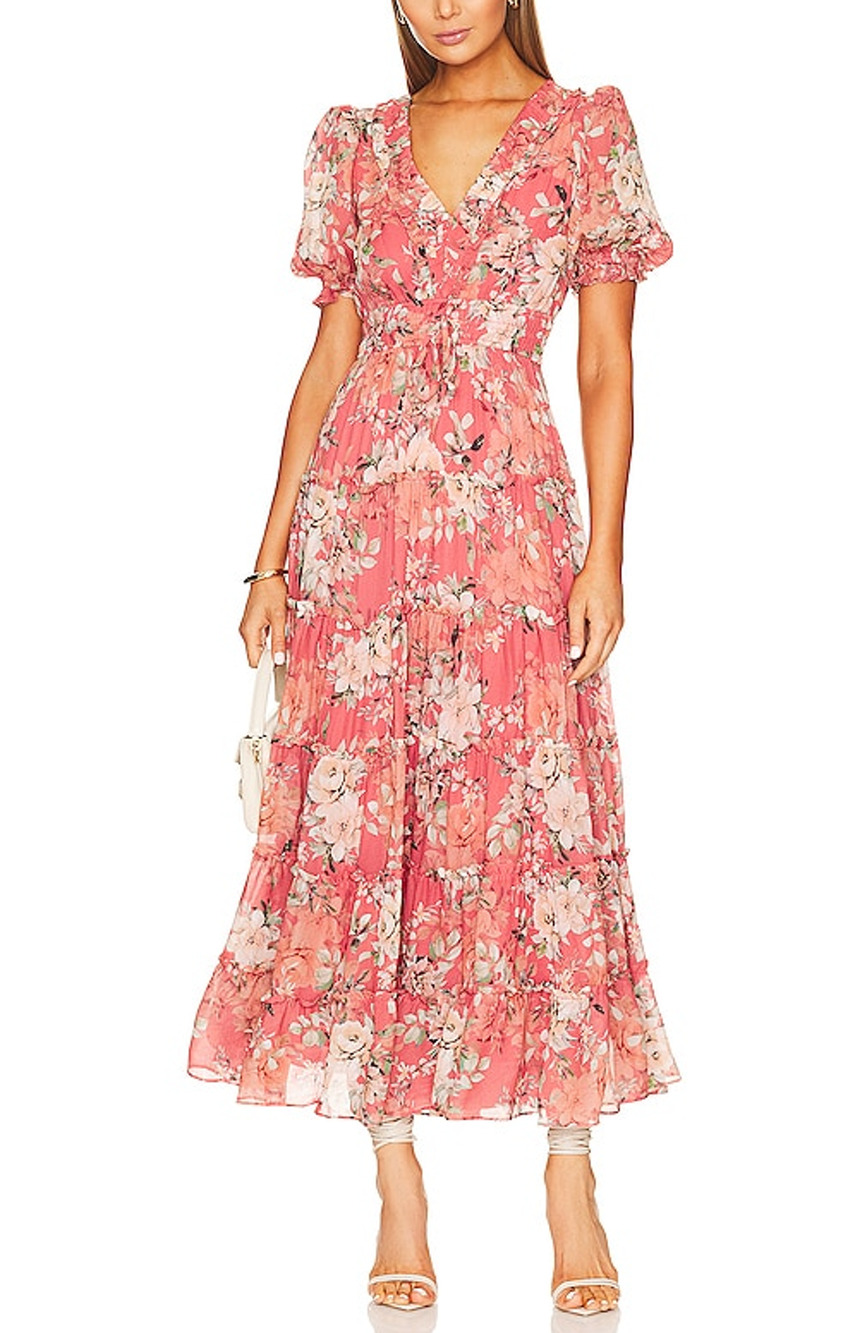 Yumi Kim Floral Light Red Farrah Maxi Dress Size XS